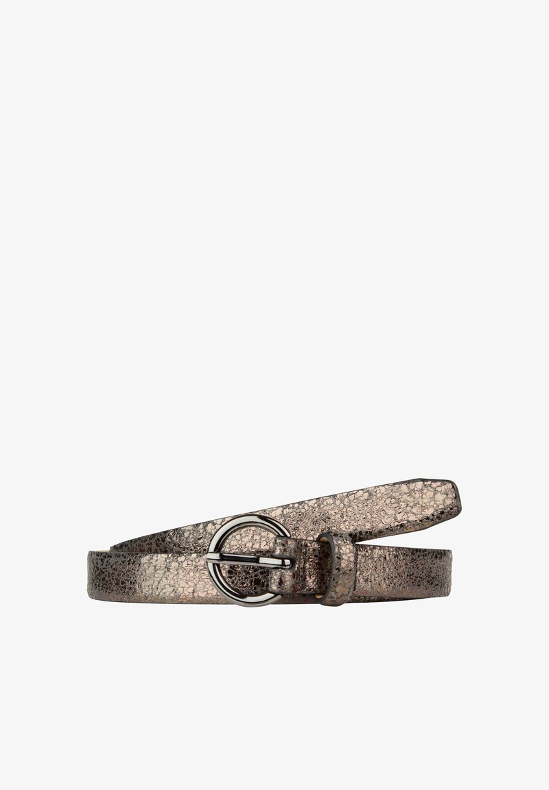 Cintura in pelle sintetica bronzo metallizzato con superficie texturizzata, design sottile e fibbia rotonda in metallo con finitura argentata.