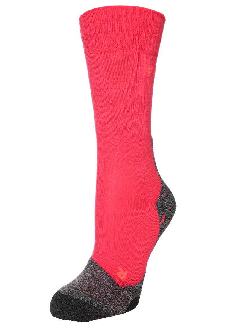 Calcetín rosa de medio pantorrilla con parte superior acanalada, talón y punta reforzados en gris, y un logotipo en contraste. Fabricado con un material suave y elástico.