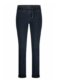 Donkerblauwe spijkerbroek met een elastische taille en verstelbaar trekkoord, met een taps toelopende pijp en omgeslagen zoom.