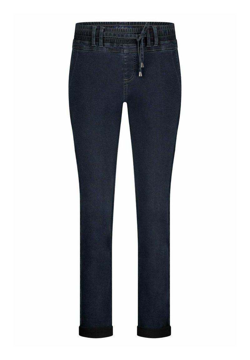 Donkerblauwe spijkerbroek met een elastische taille en verstelbaar trekkoord, met een taps toelopende pijp en omgeslagen zoom.