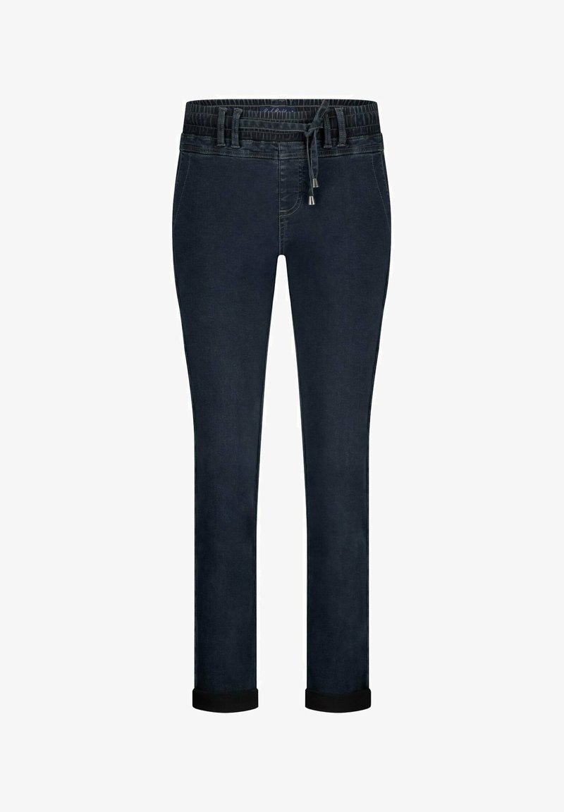 Donkerblauwe spijkerbroek met een elastische taille en verstelbaar trekkoord, met een taps toelopende pijp en omgeslagen zoom.