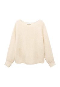 Pull en crème fabriqué en tissu côtelé texturé. Présente un col large, des manches longues et une coupe ample et cropped.