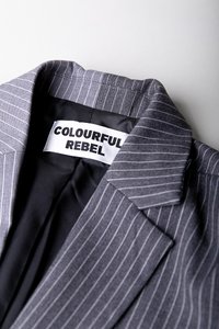 Szürke csíkos blézer, lekerekített gallérral, fekete belső béléssel. A címkén a "COLOURFUL REBEL" felirat található vastag fehér betűkkel.