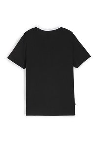 Czarny bawełniany t-shirt z krótkim rękawem i okrągłym dekoltem. Posiada kontrastowy biały dekolt i metkę na dolnym szwie.