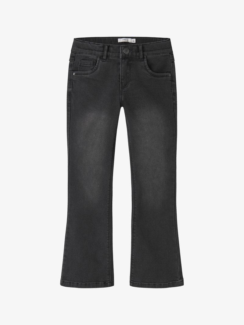 Črne denim zvonaste hlače s srednje visokim pasom, petimi žepi, šivanimi šivi in klasičnim gumbom spredaj.