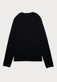 Schwarzes langärmliges T-Shirt aus weicher Baumwolle. Verfügt über einen runden Ausschnitt und enganliegende Bündchen, mit einer glatten Textur und ohne sichtbare Muster.