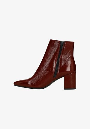 Roter Lack-Schnürstiefel mit spitzer Zehenform, glänzendem Finish und seitlichem Reißverschluss. Blockabsatz für Stabilität. Glatte Textur und elegantes Design.