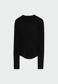 Pull noir en maille côtelée à manches longues avec un col montant et un ourlet légèrement arrondi, vu de dos.