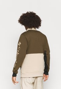 Felpa a girocollo marrone e beige con accenti neri, dotata di un logo sulla manica sinistra, polsini a coste e tessuto testurizzato.