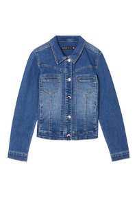 Veste en denim dégradé de couleur bleue, avec un col pointu, des manches longues, deux poches poitrine et des fermetures à boutons en argent.