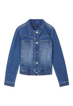 Jeansjack in een gradiënt blauwe kleur, met een puntige kraag, lange mouwen, twee borstzakken en zilveren knoopsluitingen.