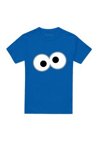 Blaues Baumwoll-T-Shirt mit einem großen, cartoonhaften Paar großer Wackelaugen in Schwarz und Weiß auf der Vorderseite. Runder Halsausschnitt, kurze Ärmel.