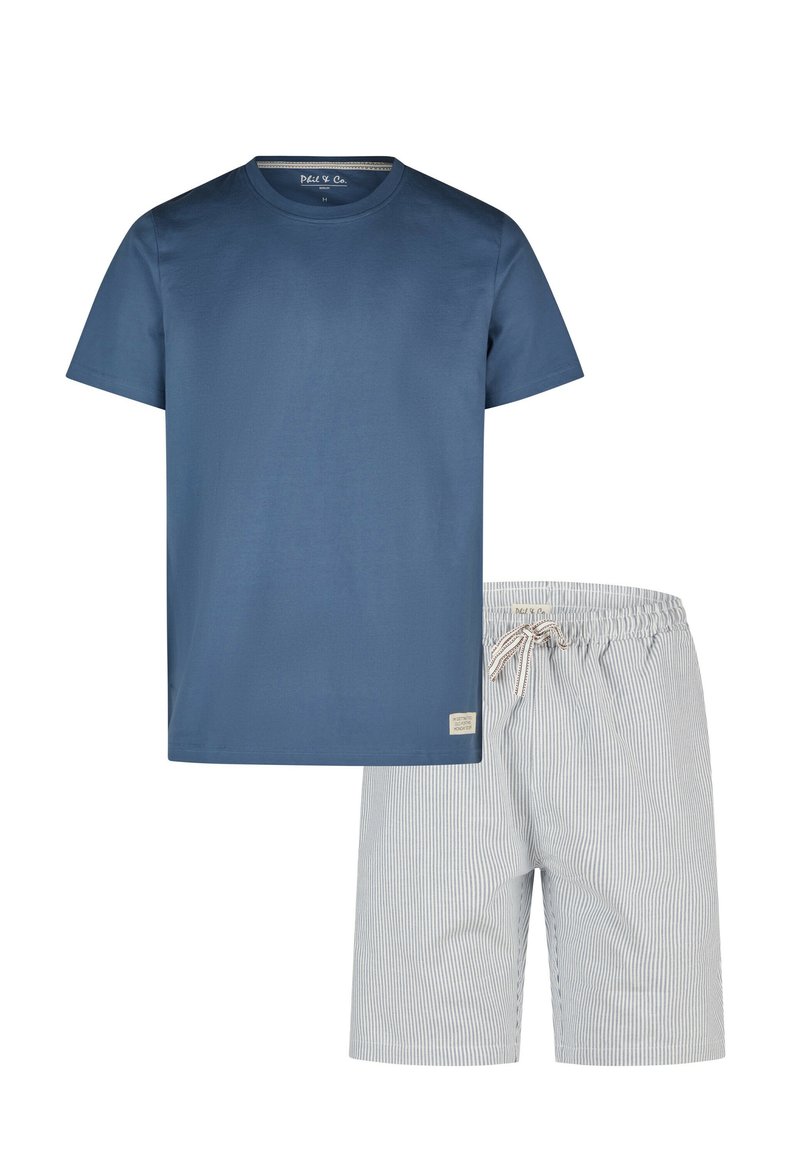 T-shirt en coton bleu à manches courtes, associé à un short à cordon de serrage léger rayé en tissu respirant.