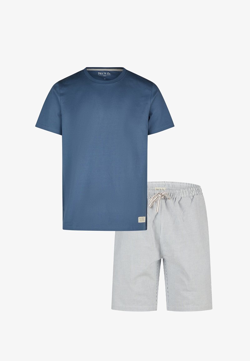 T-shirt en coton bleu à manches courtes, associé à un short à cordon de serrage léger rayé en tissu respirant.