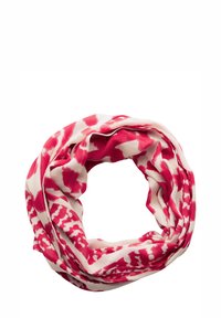 Bufanda infinity de tejido suave, con un diseño estampado en rosa y blanco que presenta formas abstractas y una textura fluida.