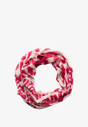 Infinity scarf in soft fabric, featuring a pink and white patterned design with abstract shapes and fluid texture.