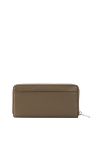 Leather wallet in dark olive green, featuring a textured finish, zip closure, and rear card slot, rectangular shape.