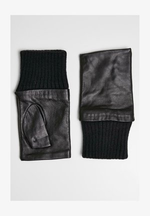 Guantes de cuero negro sin dedos con puños de punto texturizado. Los guantes presentan un acabado de cuero liso y detalles de punto acanalado en la parte superior.
