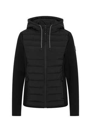 Veste noire avec une partie supérieure en tissu matelassé et rembourré et une partie inférieure lisse et ajustée. Comprend une capuche, un zip à l'avant et des cordons de serrage.