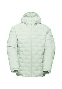 Hellgrüne Steppjacke mit horizontalem Steppmuster, durchgehendem Reißverschluss, Kapuze und elastischen Bündchen. Logo auf der linken Vorderseite gedruckt.