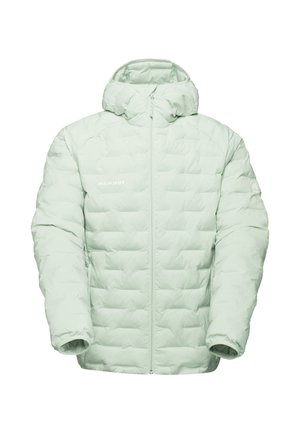 Giacca a vento verde chiaro con motivo trapuntato orizzontale, zip integrale, cappuccio e polsini elastici. Logo stampato sul lato anteriore sinistro.