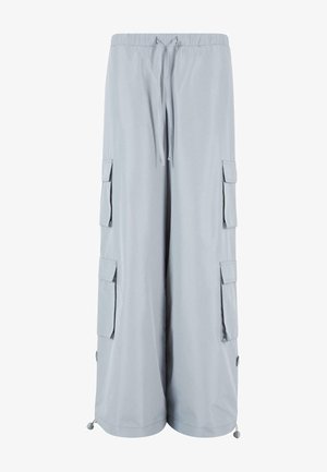 Világosszürke cargo nadrág, rugalmas derékkal, húzózsinórral, oldalzsebekkel és állítható szegésekkel. Puha, könnyű anyagból készült.