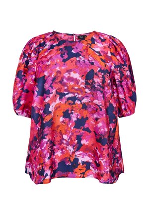 Krátky rukáv top v živých odtieňoch ružovej, oranžovej a námorníckej modrej s kvetinovým vzorom. Vyrobený z hladkej tkaniny s uvoľneným strihom a nariasenými rukávmi.