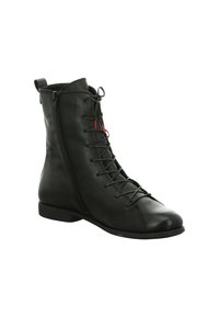 Schwarze Lederstiefelette mit runder Zehenform, vorderer Schnürung, seitlichem Reißverschluss und flachem Absatz. Sie verfügt über eine glatte Textur und minimale Details.