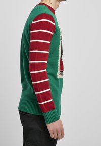 Crewneck-tröja med grön kropp, rödrandiga ärmar, ribbade muddar och texturmönster. Har en djärv grafisk design på framsidan.