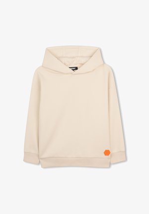 Sweat à capuche beige à manches longues, avec poignets et ourlet côtelés, et un petit logo hexagonal orange en bas à gauche.