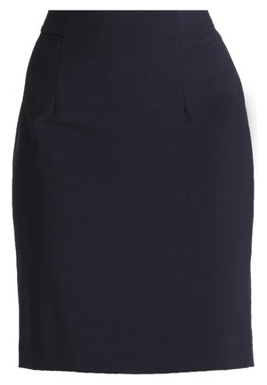 Navy pencil skirt made of smooth fabric with a fitted silhouette, featuring front pockets and subtle seams for tailored structure.