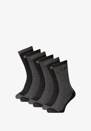 Five pairs of crew socks in dark gray and black, featuring ribbed texture, reinforced heels, and printed logo on the cuff.