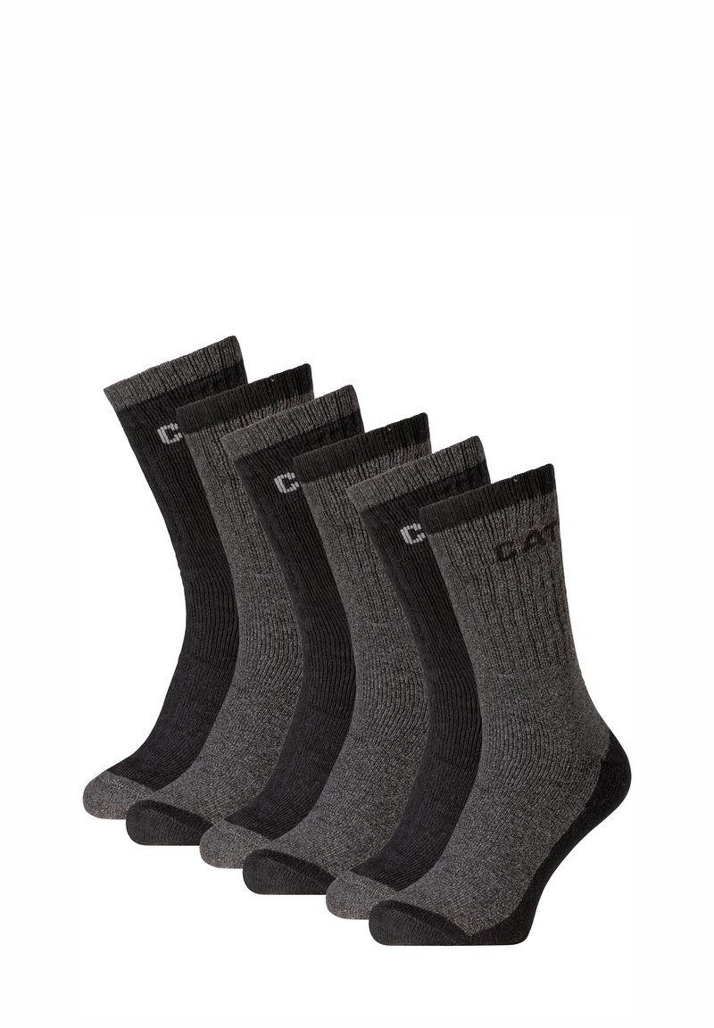 Cinq paires de chaussettes de créwo en gris foncé et noir, avec une texture côtelée, des talons renforcés et un logo imprimé sur le poignet.