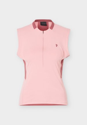 Ujjatlan világos rózsaszín kerékpáros mez fél cipzárral, álló gallérral és kis sötétrózsaszín logóval a bal mellrészen.