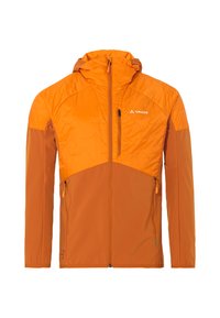 Giacca isolante arancione con cappuccio, caratterizzata da una parte superiore texture e una parte inferiore liscia, con tasche con zip.