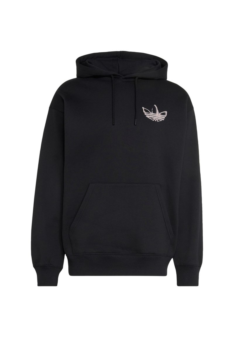Sweat à capuche noir avec poche avant et petit logo blanc stylisé sur la partie supérieure gauche de la poitrine.