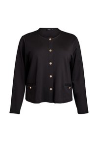 Svart cardigan med rund halsringning, långa ärmar och knäppning med guldfärgade knappar. Har två framfickor och en mjuk textur.