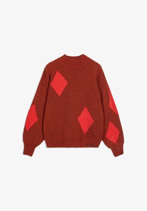 Brown knit sweater with red diamond shapes on front and sleeves, ribbed cuffs, hem, and mock neck collar.