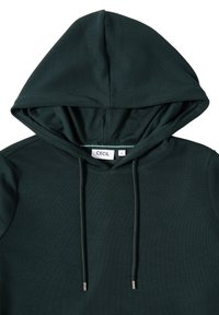 Dunkelgrüne, gerippte Kapuzenjacke mit großer Kapuze, verstellbaren Kordeln mit metallischen Enden und einem dezenten Markenlabel innen.