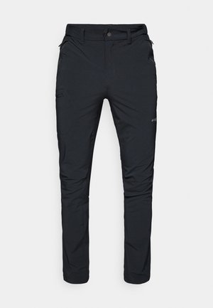 Pantalons d'extérieur noirs avec une coupe droite, dotés de poches zippées, de passants de ceinture et d'une texture de tissu légère et durable.