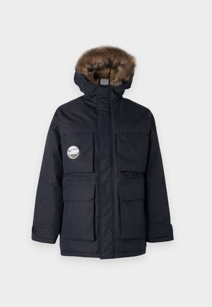 Navy parka jacket with fur-lined hood, multiple front pockets, and a logo patch. Features adjustable cuffs and a sturdy, waterproof design.