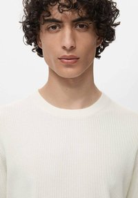 Pull blanc côtelé avec un design col rond, présentant une texture fine et une coupe médium. Modèle avec des cheveux bouclés portant le pull.