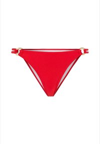 Red bikini bottom made of smooth fabric, featuring side straps with gold-tone circular accents. Classic triangular shape with minimal coverage.