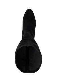 Black suede over-the-knee boot with a pointed toe and a soft textile lining. Features a slight slouch design, seamlessly stitching details.