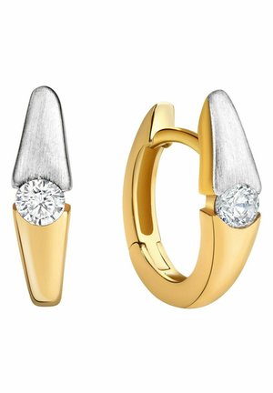 Gold- und Silber-Ohrringe in Form von Ringen mit einem spitzen Design, jeweils mit einem runden Diamanten in der Mitte für zusätzlichen Glanz.