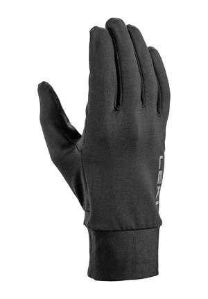 Schwarzer Stoffhandschuh mit verlängertem Bündchen, fünf Finger Design und teilweise sichtbarem weißem Markentext im Handgelenkbereich.