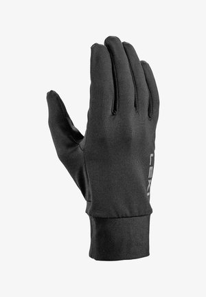 Schwarzer Stoffhandschuh mit verlängertem Bündchen, fünf Finger Design und teilweise sichtbarem weißem Markentext im Handgelenkbereich.