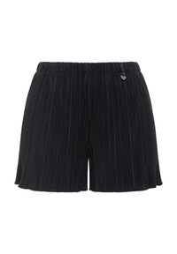 Pantaloncini neri con vita elasticizzata a pieghe e un piccolo distintivo in metallo con il logo vicino alla cintura sul lato destro.