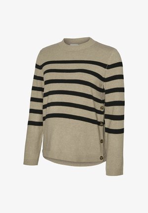 Beige neule mustilla vaaka raidoilla, pitkät hihat, pyöreä kaula-aukko ja neljä nappia toisella puolella vyötärön lähellä.