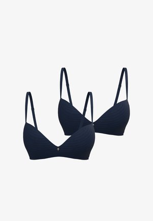 Kaksi tummansinistä, teksturoitua saumattomien rintaliivit säädettävillä olkaimilla ja V-kaula-aukolla. Keskellä pieni kullanvärinen korostus.